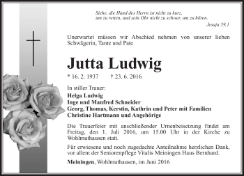 Traueranzeige von Jutta Ludwig von Südthüringer Presse