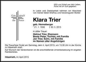 Traueranzeige von Klara Trier von Südthüringer Presse