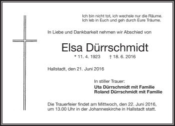 Traueranzeige von Elsa Dürrschmidt von Frankenpost