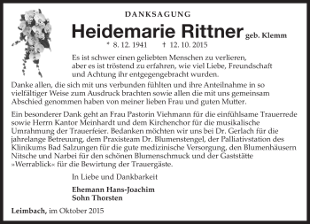 Traueranzeige von Heidemarie Rittner von Südthüringer Presse