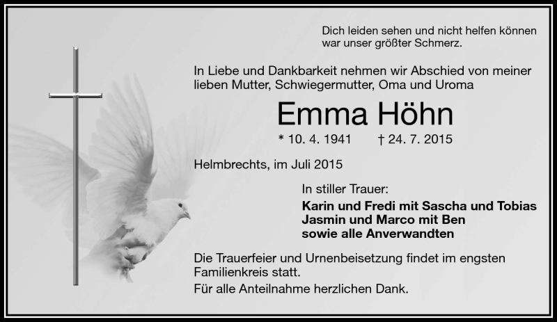  Traueranzeige für Emma Höhn vom 25.07.2015 aus Frankenpost