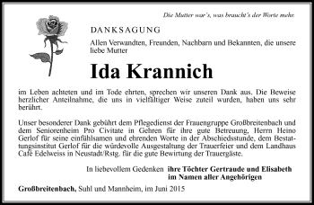 Traueranzeige von Ida Krannich von Südthüringer Presse