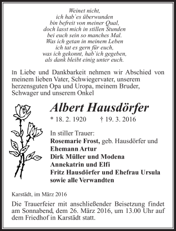 Traueranzeige von Albert Hausdörfer von Südthüringer Presse