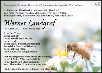 Traueranzeige von Werner Landgraf von Südthüringer Presse