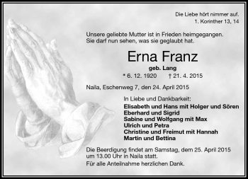 Traueranzeige von Erna Franz von Frankenpost