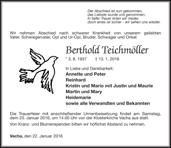 Traueranzeige von Berthold Teichmöller von Südthüringer Presse