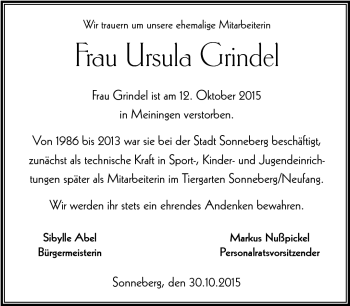 Traueranzeige von Ursula Grindel von Südthüringer Presse
