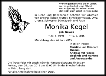 Traueranzeige von Monika Kegel von Frankenpost