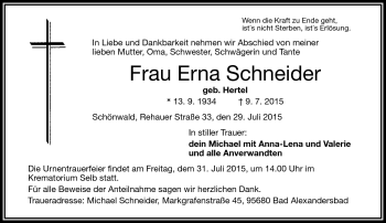 Traueranzeige von Erna Schneider von Frankenpost