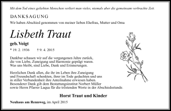 Traueranzeige von Lisbeth Traut von Südthüringer Presse
