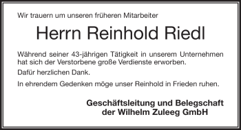 Traueranzeige von Reinhold Riedl von Frankenpost
