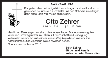 Traueranzeige von Otto Zehrer von Frankenpost