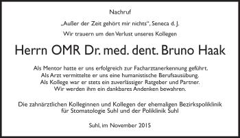 Traueranzeige von Bruno Haak von Südthüringer Presse