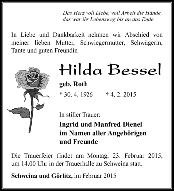 Traueranzeige von Hilda Bessel von Südthüringer Presse