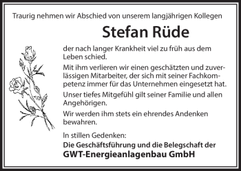 Traueranzeige von Stefan Rüde von Südthüringer Presse