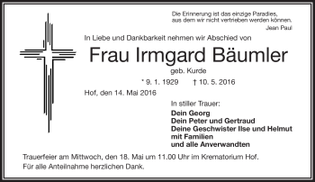 Traueranzeige von Irmgard Bäumler von Frankenpost