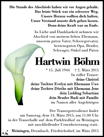Traueranzeige von Hartwin Böhm von Südthüringer Presse