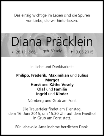 Traueranzeige von Diana Präcklein von Neue Presse Coburg