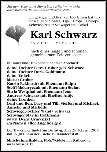 Traueranzeige von Karl Schwarz von Südthüringer Presse
