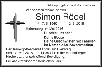 Traueranzeige von Simon Rödel von Frankenpost