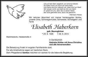 Traueranzeige von Elisabeth Haberkorn von Frankenpost