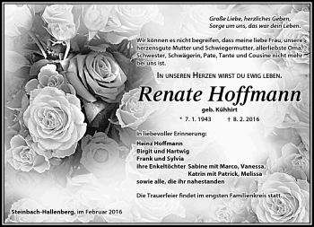 Traueranzeige von Renate Hoffmann von Südthüringer Presse
