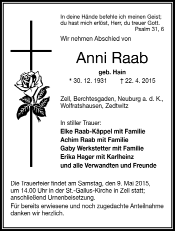 Traueranzeige von Anni Raab von Frankenpost