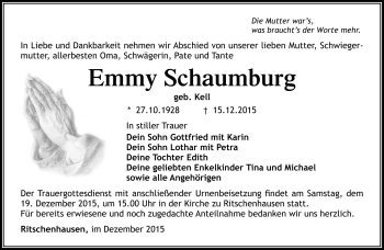 Traueranzeige von Emmy Schaumburg von Südthüringer Presse