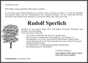 Traueranzeige von Rudolf Sperlich von Südthüringer Presse