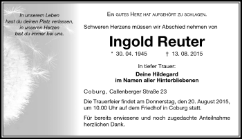 Traueranzeige von Ingold Reuter von Neue Presse Coburg