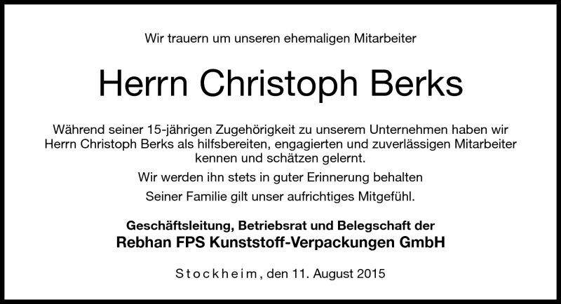  Traueranzeige für Christoph Berks vom 11.08.2015 aus Neue Presse Coburg