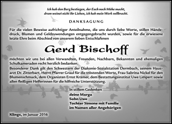 Traueranzeige von Gerd Bischoff von Südthüringer Presse