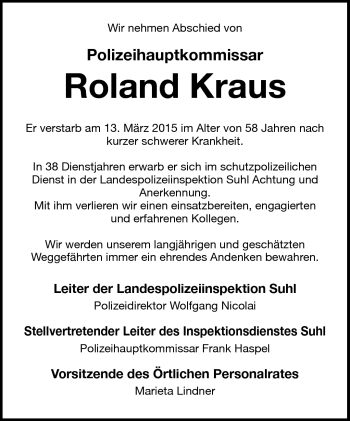 Traueranzeige von Roland Kraus von Südthüringer Presse
