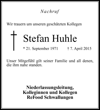 Traueranzeige von Stefan Huhle von Südthüringer Presse
