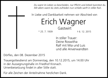 Traueranzeige von Erich Wagner von Neue Presse Coburg