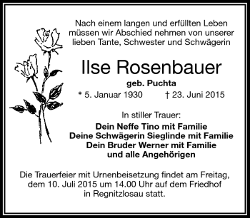 Traueranzeige von Ilse Rosenbauer von Frankenpost