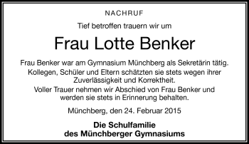 Traueranzeige von Lotte Benker von Frankenpost