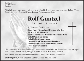 Traueranzeige von Rolf Güntzel von Südthüringer Presse