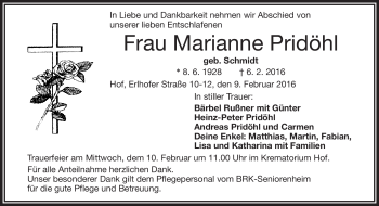 Traueranzeige von Marianne Pridöhl von Frankenpost