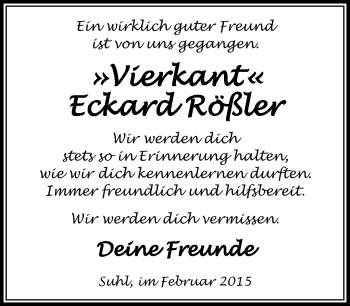 Traueranzeige von Eckard Rößler von Südthüringer Presse