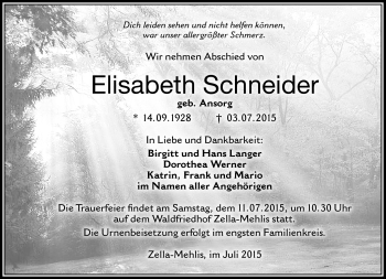 Traueranzeige von Elisabeth Schneider von Südthüringer Presse