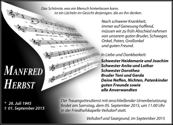 Traueranzeige von Manfred Herbst von Südthüringer Presse