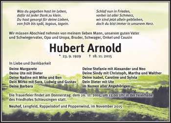 Traueranzeige von Hubert Arnold von Südthüringer Presse