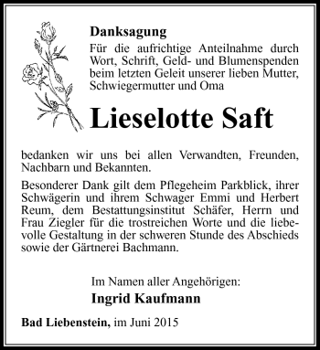 Traueranzeige von Lieselotte Saft von Südthüringer Presse