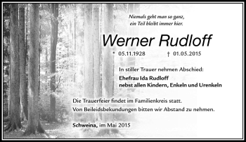 Traueranzeige von Werner Rudloff von Südthüringer Presse