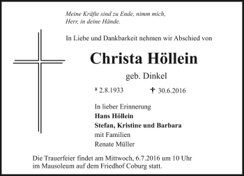 Traueranzeige von Christa Höllein von Neue Presse Coburg