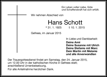 Traueranzeige von Hans Schott von Frankenpost