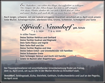 Traueranzeige von Elfriede Neundorf von Südthüringer Presse
