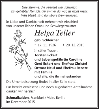 Traueranzeige von Helga Teller von Südthüringer Presse