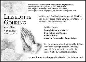 Traueranzeige von Liselotte Göhring von Südthüringer Presse